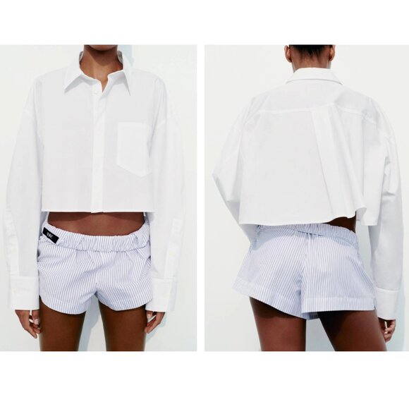 NEW! Zara | Gabardine Fabric Cropped Shirt In White - Picture 3 of 12